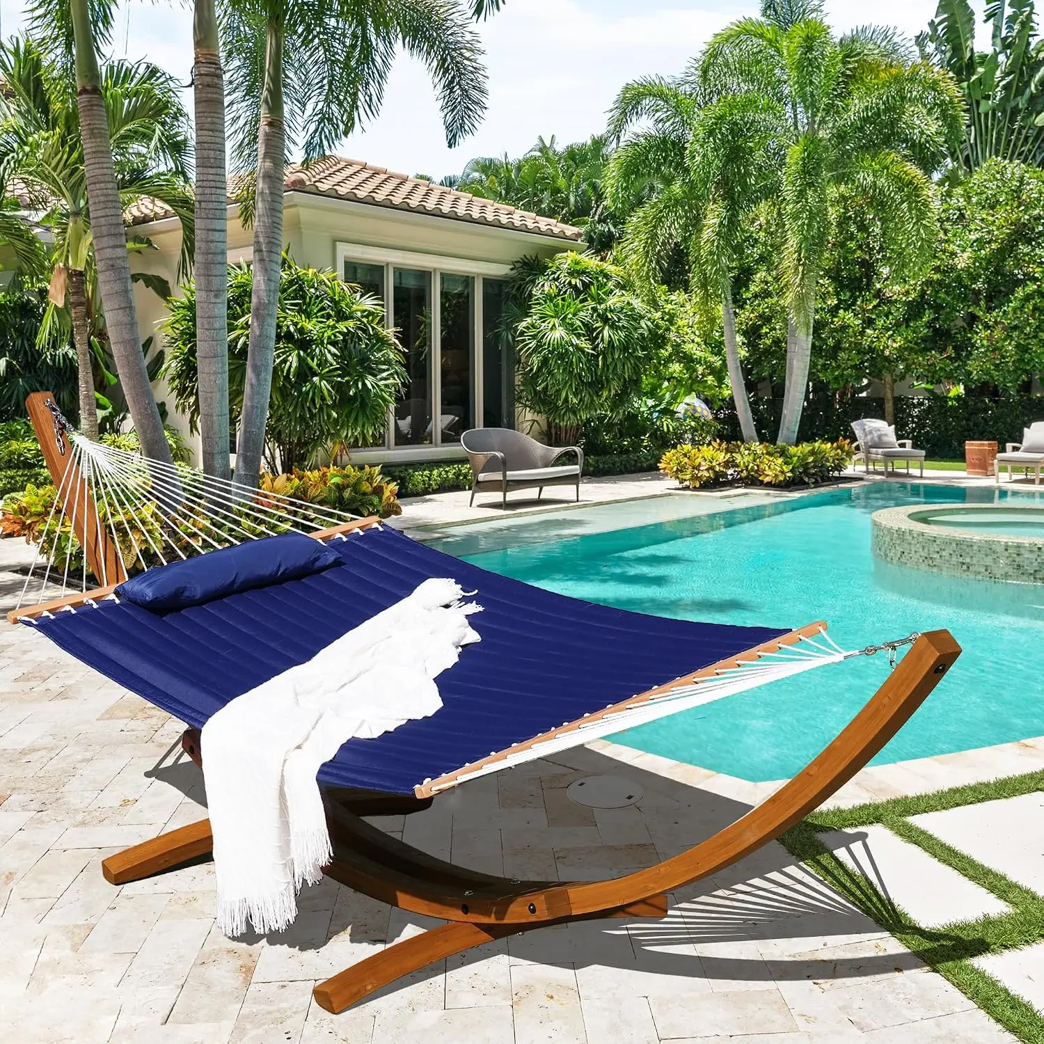 Double Quilted Hammock with Wood Arc Stand & Spreader Bar, 2 Person Patio Swing, 12 FT, 450 lbs, Navy, Customized