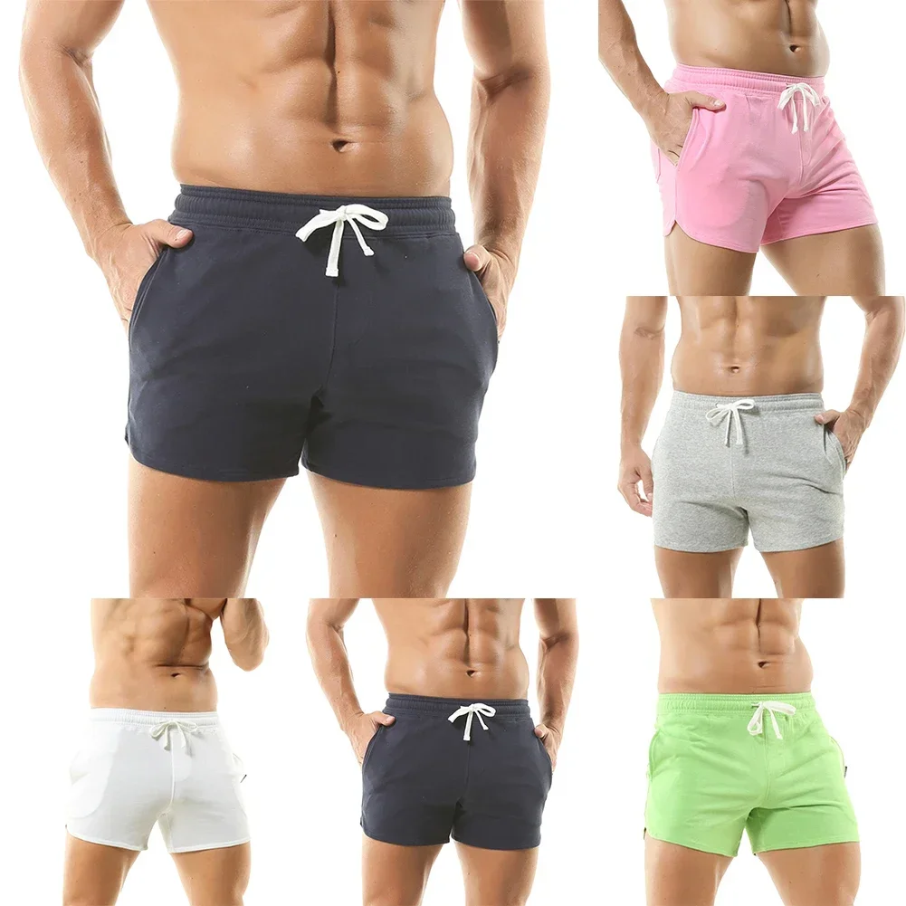 Troncos masculinos shorts mistura de algodão calças externas bolso simples cor sólida esportes branco/cinza/verde/rosa confortável