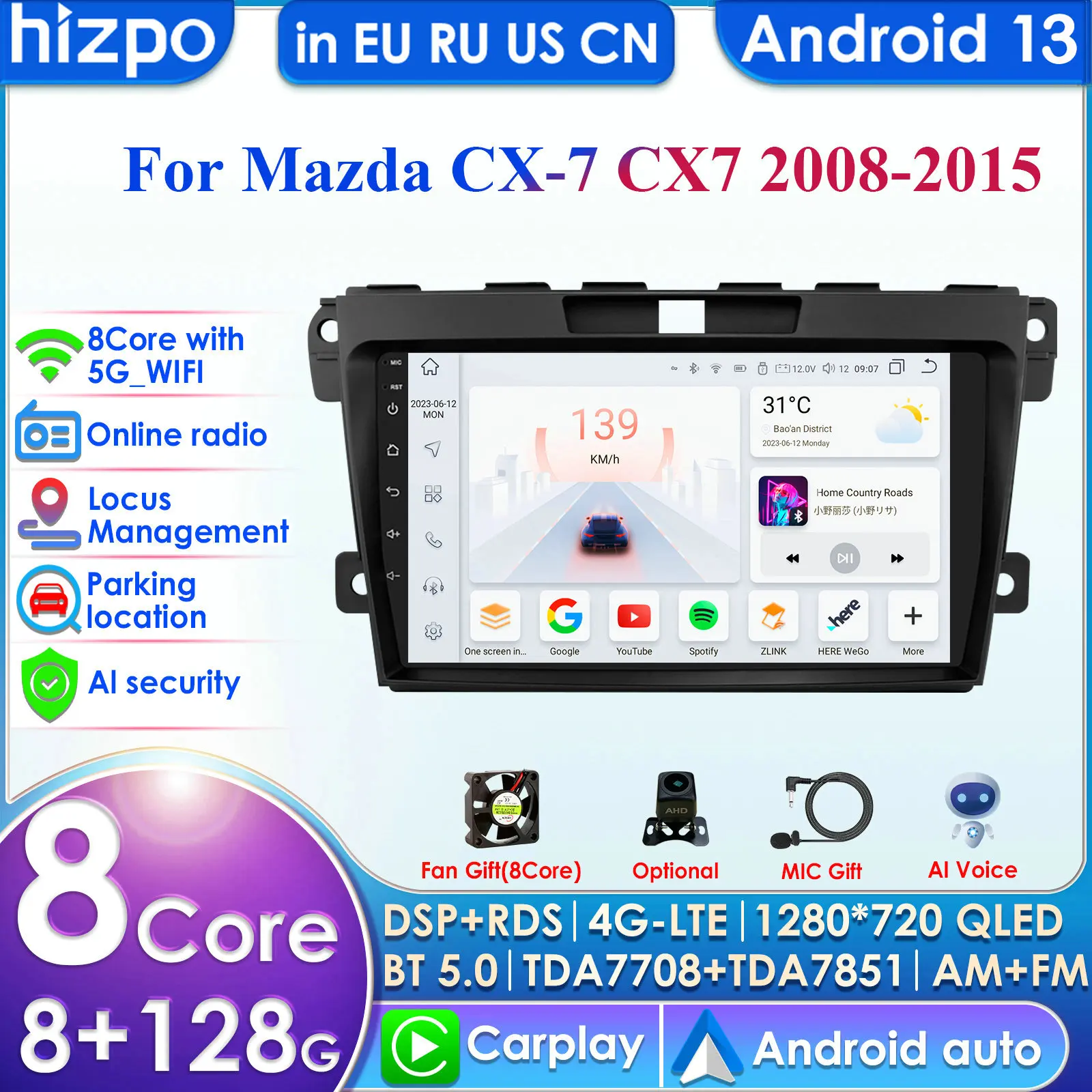 Hizpo 4G 9'' AI Intelligent Systems Wireless CarPlay Android Auto Radio for Mazda CX-7 CX7 2008-2015 Car Multimedia GPS 2din DSP