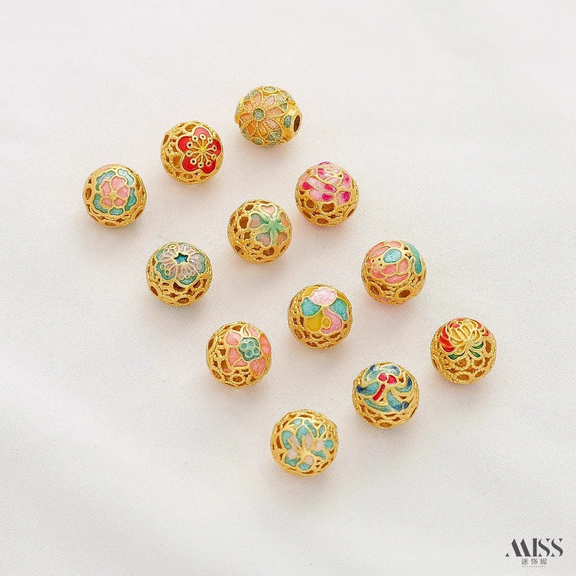 18K Matte Gold Enamel 12-Month Flower Lucky Beads Hollow Filigree Beads DIY Bracelet Necklace Jewelry Findings