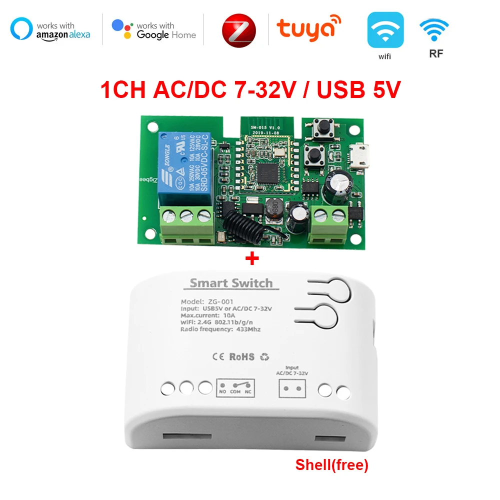 Zigbee-スマートホームリレーモジュール,スマートライトスイッチ,Alexa, Googleアシスタント,AC, DC, 12V, 24V, 7-32V,1ch,85-250V 220v