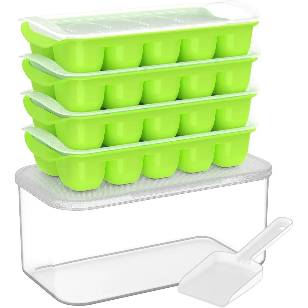 Bandejas de silicona apilables para cubitos de hielo con tapa y contenedor, paquete de 4, kits de cubiteras de fácil extracción, sin BPA, para cócteles, café, sopa, alimentos, cocina de RV, congelador