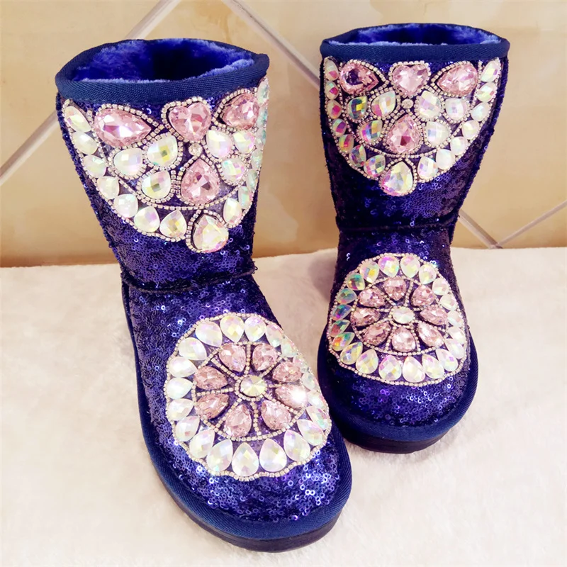 Winter new hand diamond-encrusted gemstone sequin tube flat warm women\'s boots cotton shoes fur one snow boots35-44