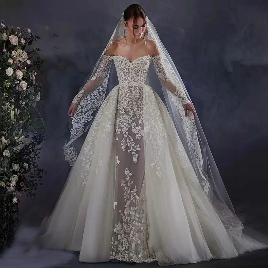 

2025 Newest Wedding Dress Mermaid for Bride 2In 1 Long Sleeves Sweetheart Neckline Custom Made Plus Sizes Vestidos De Novias