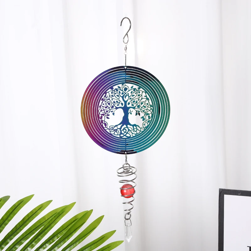 3D Rotating Wind Spinner Tree Of Life Balcony Garden Decoration Outdoor Hanging Wind Chimes Pendant Stained Glass Sun Catcher