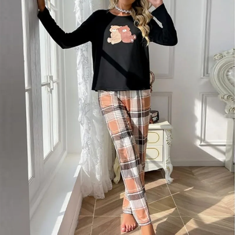 European And American Home Furnishings Autumn/winter New Pajama Set Long Sleeve Printed Checkered Pants Two Piece Nightwear