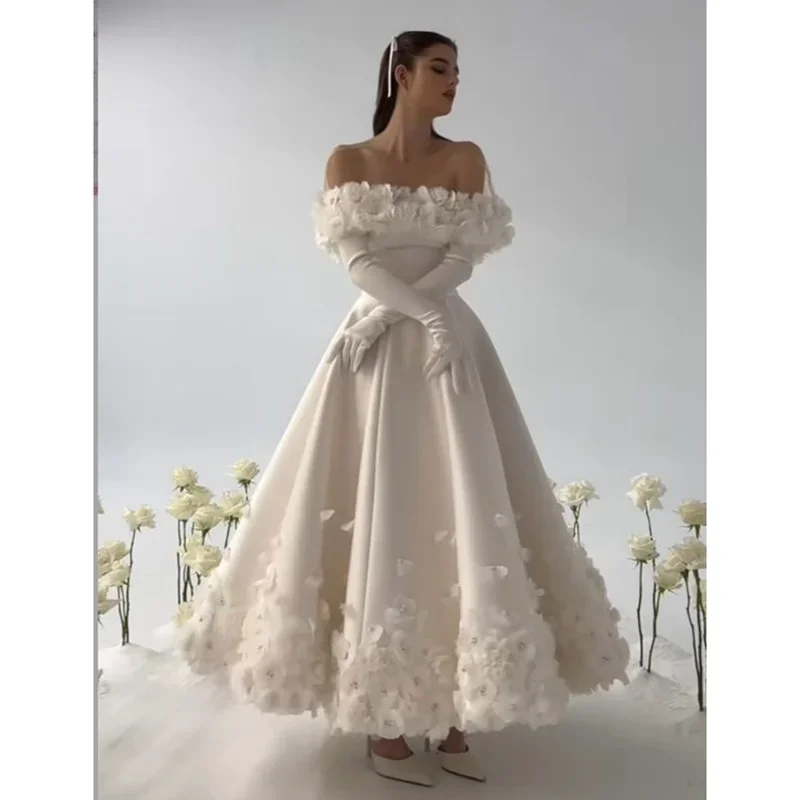 Vestido de fiesta de flores blancas, elegante, sin tirantes, drapeado hasta el tobillo, línea A, Formal, 2024