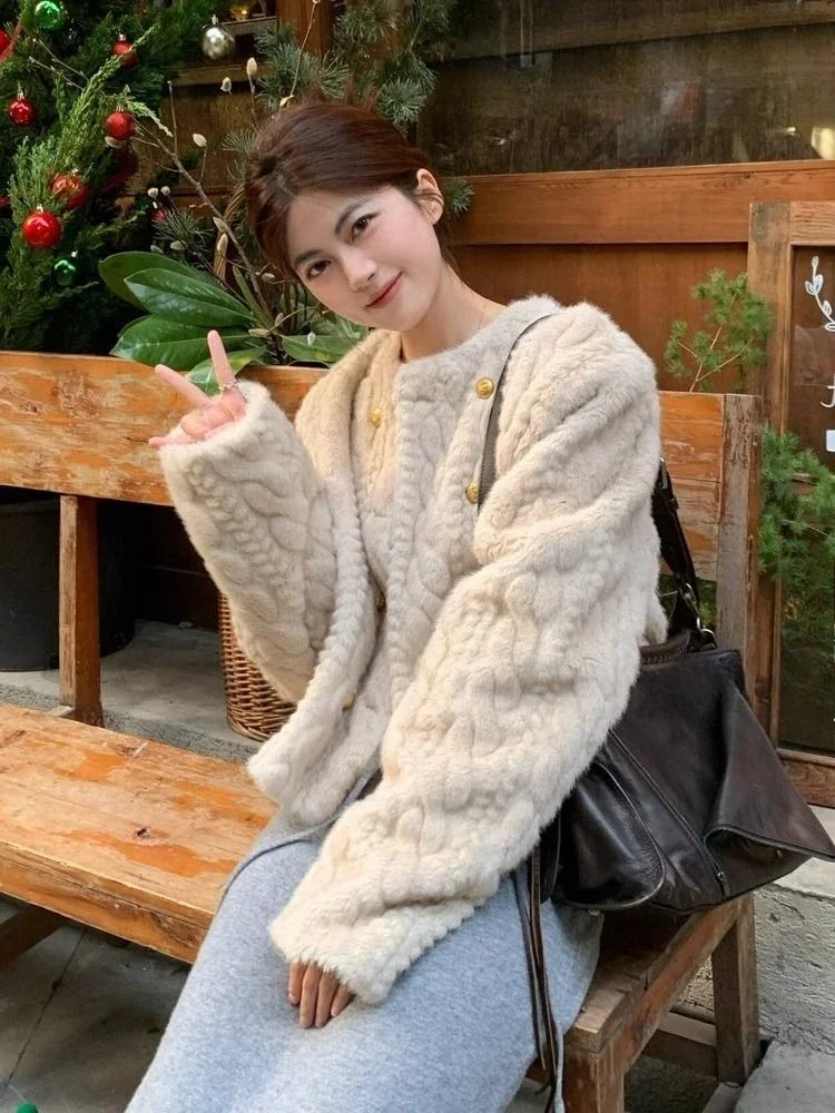 ​2025 Winter Women's Mink Fur Coat Eco Friendly Short Youthful Fluffy Jacket Petite Size Warm Winter Outerwear​
