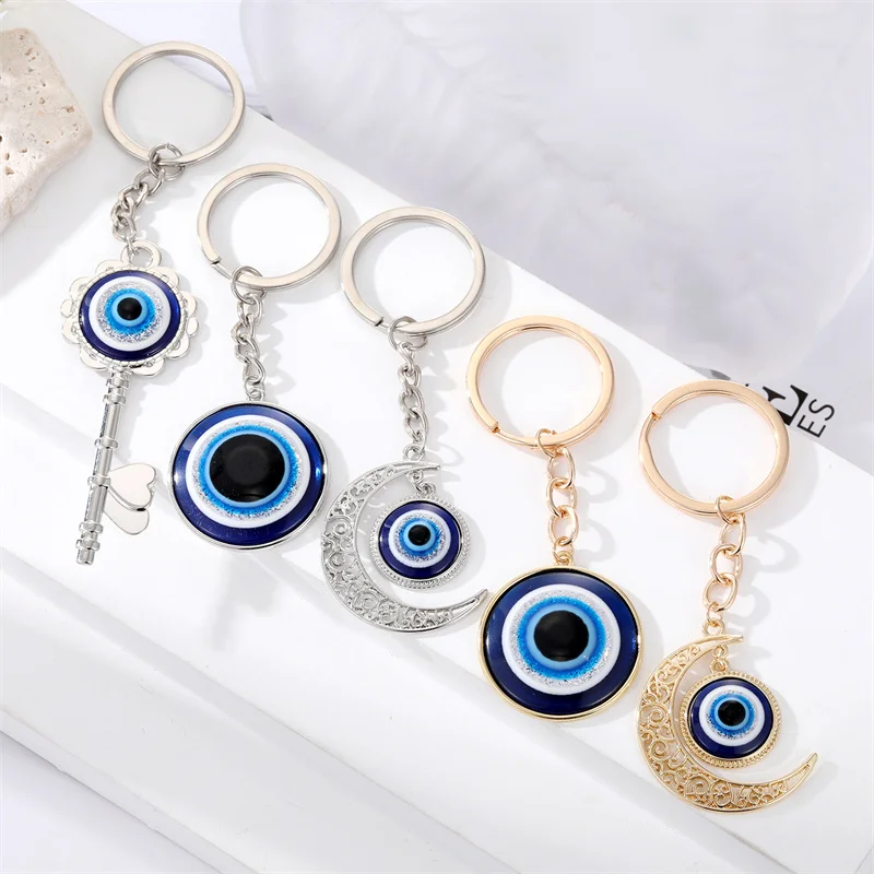 Moon Heart Turkish Blue Eye Keychain For Couple New Rotate Flower Evil Eye Bag Car Key Ring Holder Accessories Wholesale Jewelry