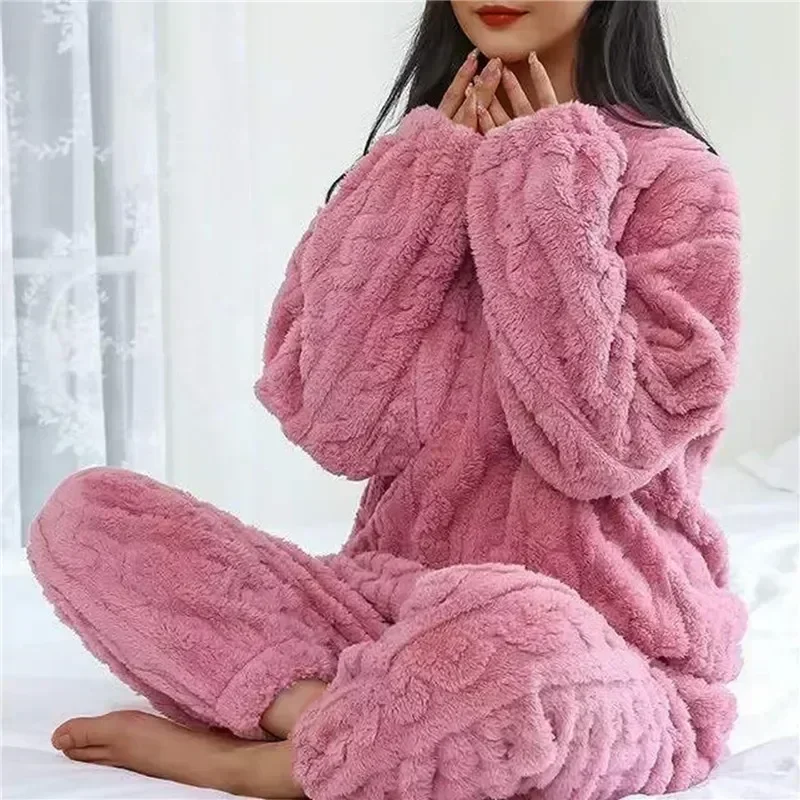 Long Women Autumn Homewear Pyjamas Thick Warm Soild Velvet Pajamas Winter Sleeve Flannel Coral Sleepwear Sets Casual