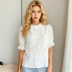 Short Sleeve Embroidery Chiffon Women Blouse Casual Elegant White Stand Collar Tops Summer Hollow Out Shirt