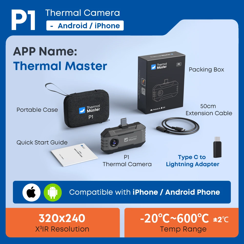 Thermal Master P1 Thermische Camera voor iPhone Android 320*240 infrarood Thermische Beeldvormingscamera 600 ℃   detectie van waterlekkages in HVAC-systemen