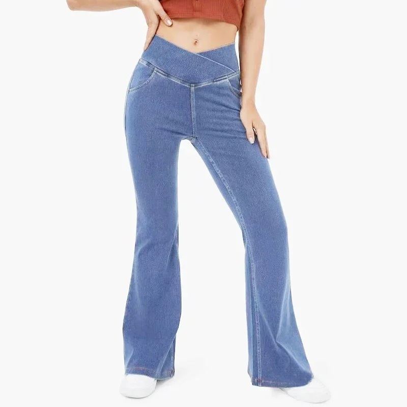 

Fashion Women Denim Jeans Casual Sporty Fitness Autumn Solid Warm Yoga Flared Pants High-waisted Women's Leggings Trousers 30212