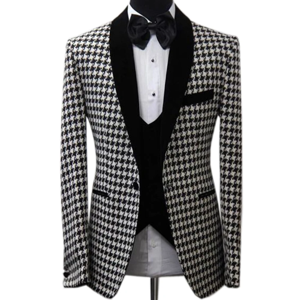 New Arrival 3 Pieces Men\'s Suits Houndstooth  Plaid Style Fashion Wool Groomsmen Suits For Wedding(Blazer+Vest+Pants)