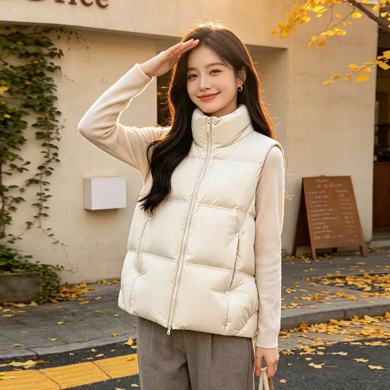 Women Winter Down Vest Short Duck Down Puffer Sleeveless Jacket Casual Stand Collar Waistcoat  Куртки Зимние Женские VT-377