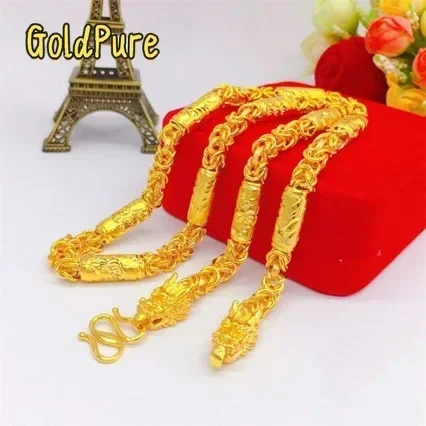 

Ожерелье Goldpure: Величественная цепь из настоящего золота 9999 пробы 24K с головой дракона, Феникса, бамбуковым узором и тканевым плетением C