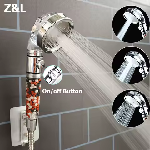 Bathroom 3 Modes High Pressure Shower Head with On/Off Switch Stop Button Water Saving Ionic Mineral Anion Handheld Showerheads