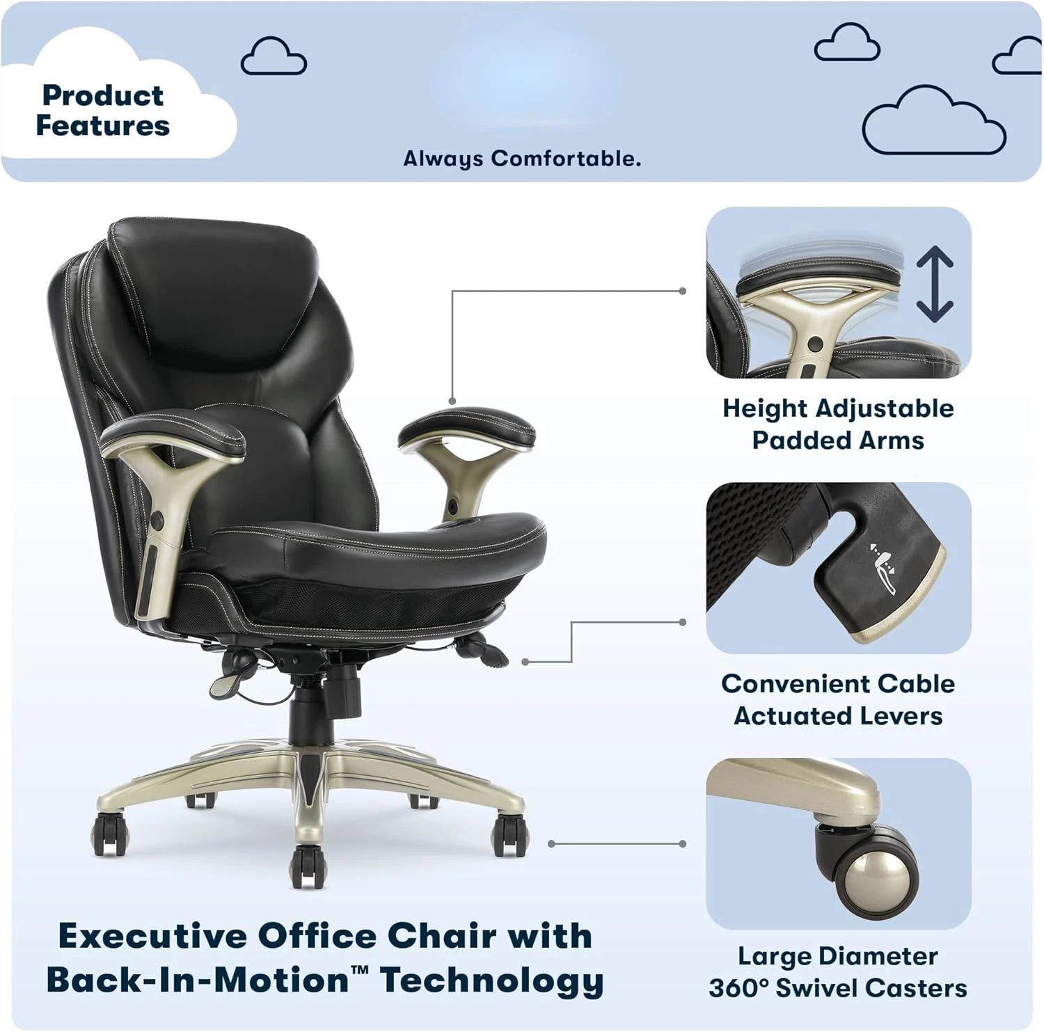 Claremont Ergonomic Executive Office Motion Technology, Adjustable Mid Back Desk Chair with Lumbar Support, Black Bonded Leather