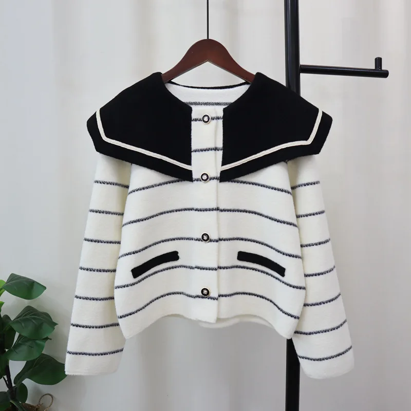 2024 Autumn Winter new striped lapel knitted double-sided cardigan women's short Korean version loose sweater jacket