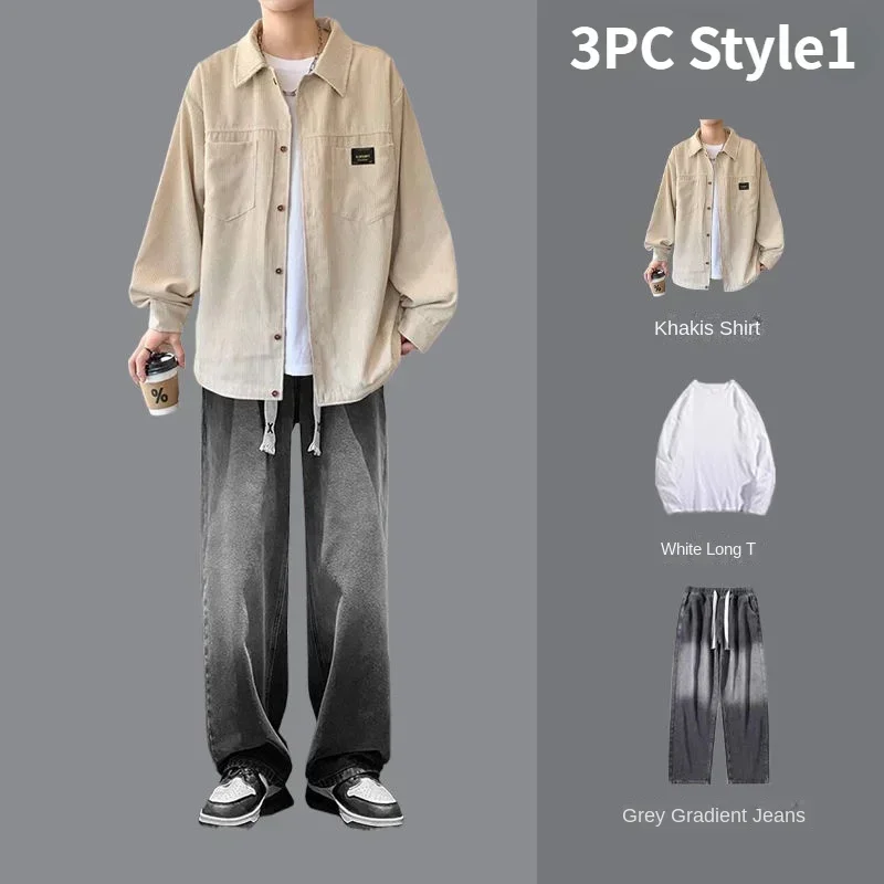 Spring and Autumn New Korean Men's Fashion Casual 3PC Set Jacket Long Sleeve T-shirt Retro Jeans Loose Men's Pants Top