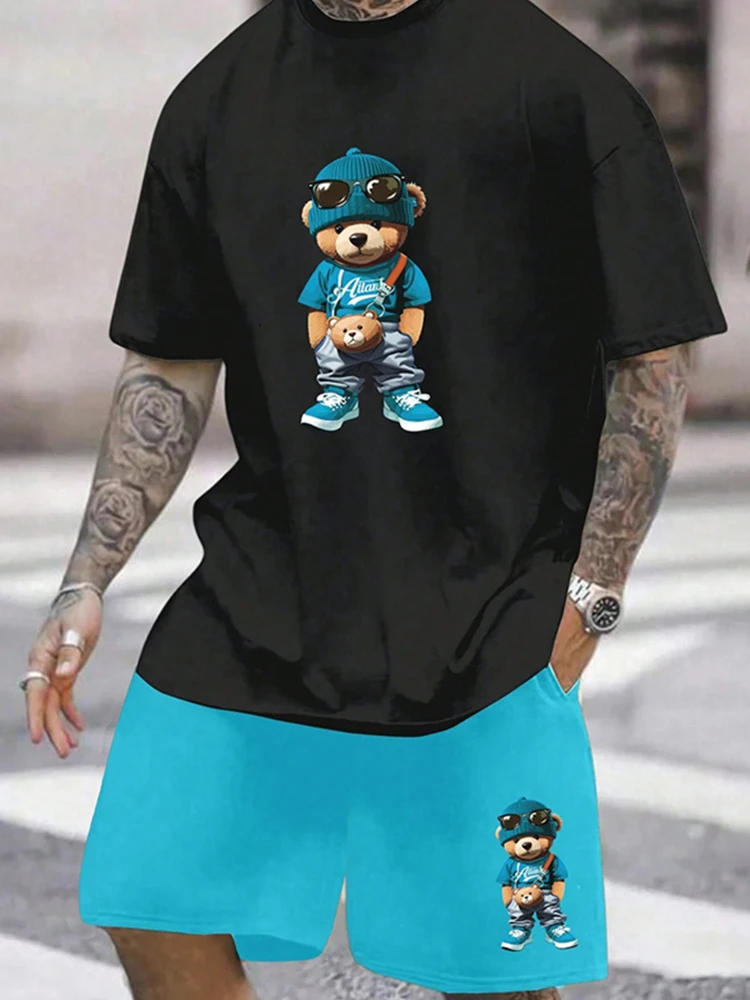 Summer New Men's Fun Dog Bear Print T-shirt Men's Drawstring Can Be Elastic Shorts Suit Daily Casual Plus Size Fashion Suit