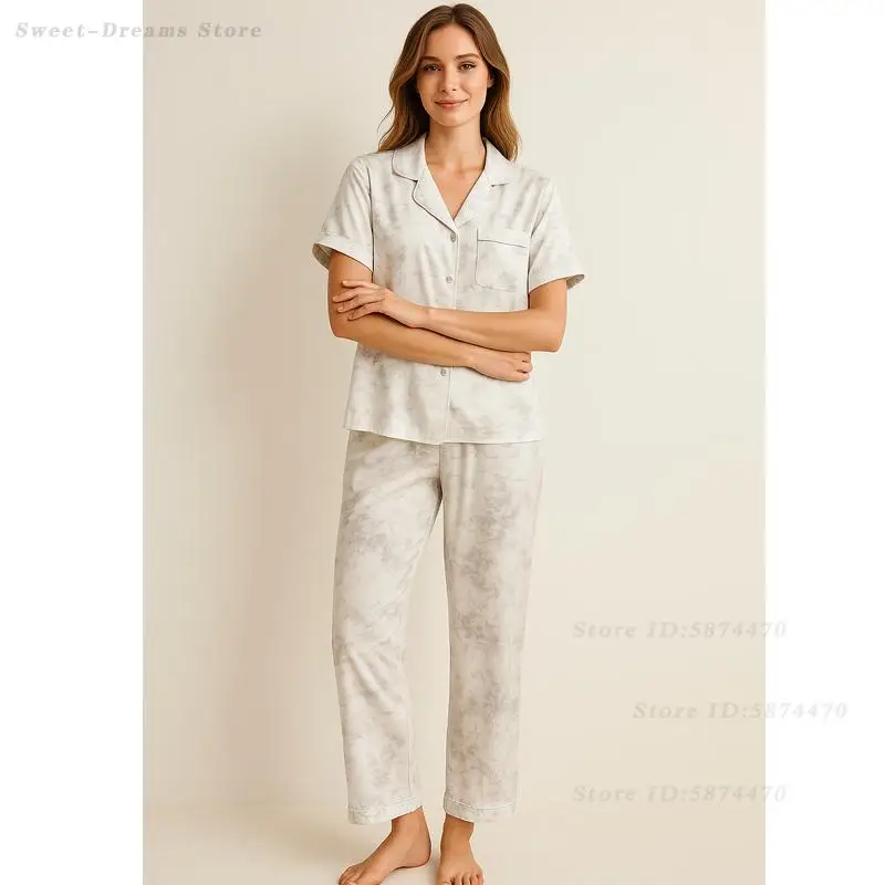 

Simple Print Flower Home Clothes Women's Elegant 2PCS Pajamas Set Fashion Lapel Collar Sleepwear Satin Top&Trouser Pyjamas Mujer