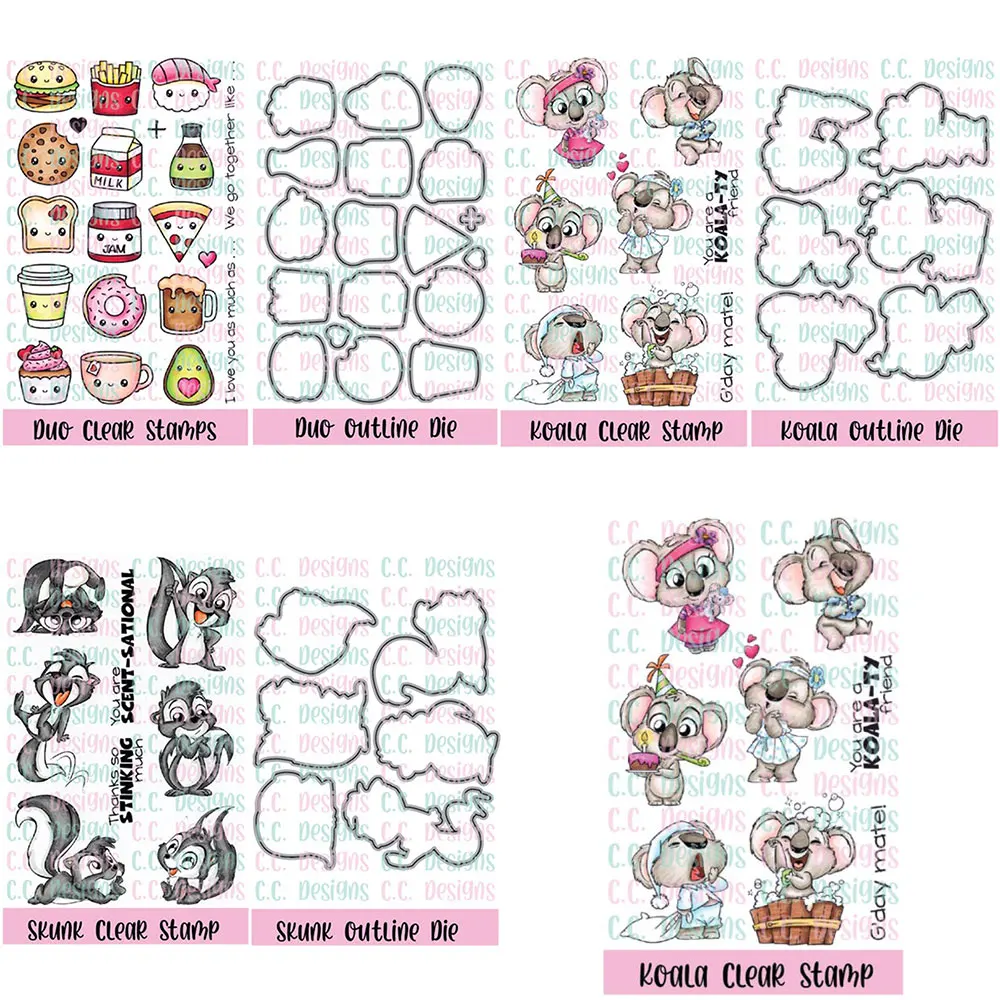 

Cartoon Food & Animal Themed Stamp & Die Set, Burger/Koala/Skunk Elements Tools for DIY Scrapbooking & Greeting Card Decoration