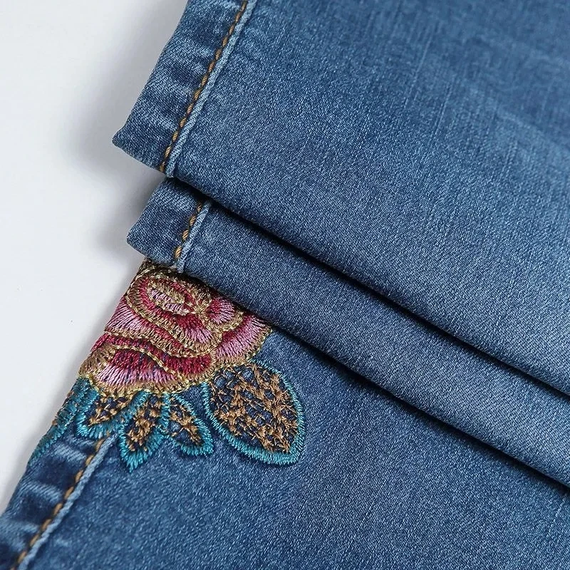 Fashion High Waist Skinny Jeans Summer Women Vintage Embroidery Calf Length Denim Capris Pants Woman Skinny Pencil Denim Pants