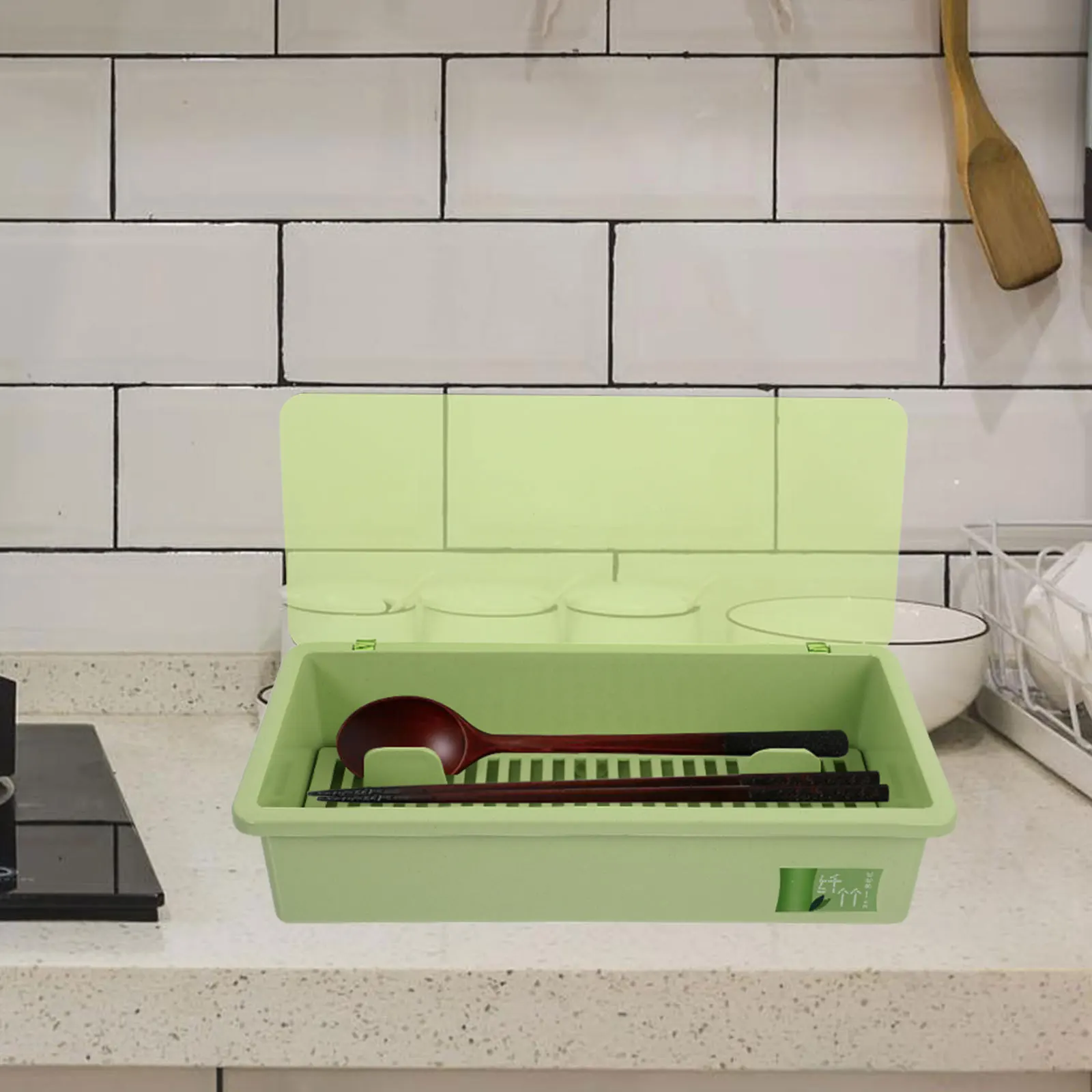 

Kitchen Chopsticks Holder Bamboo Fiber Dish Drainer Storage Rack Drain Holes Translucent Lid Environmentally Friendly