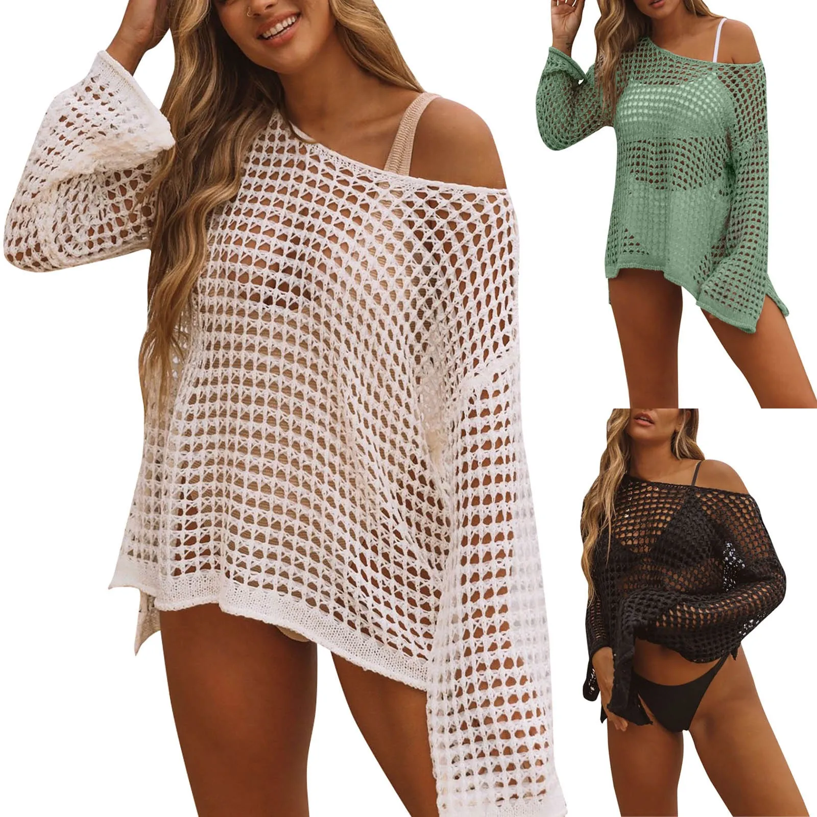 السباحة الكروشيه للنساء التستر ، الرقبة مغرفة ، طويلة الأكمام ، سترة بوهو ، ملابس بحر ، ثوب السباحة ، غطاء للشاطئ