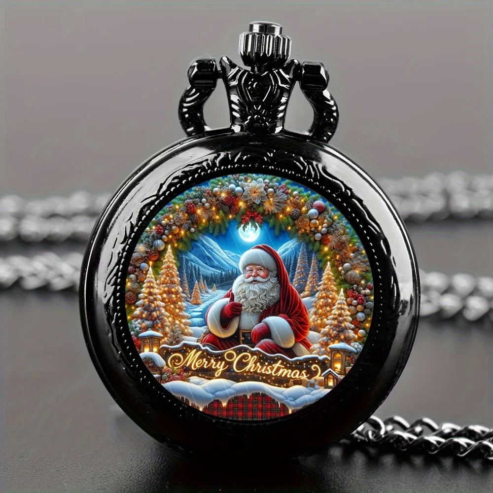 Squisito orologio da tasca natalizio alla moda: movimento al quarzo, quadrante rotondo, ciondolo unico, collana nera, regalo souvenir per bambini