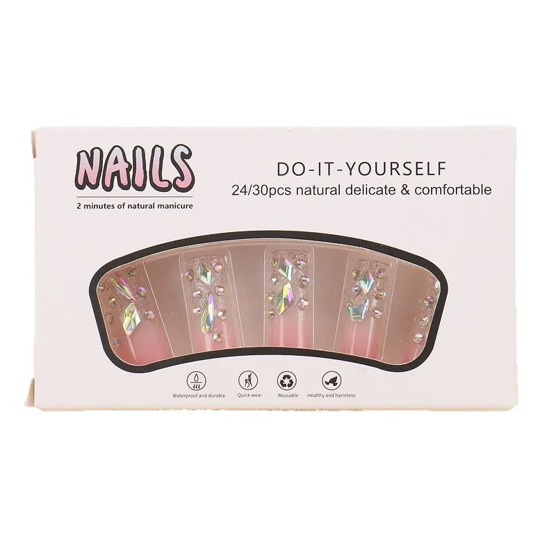 

Wear nail French blush naked skin tone rhinestone white manicure long fake nails