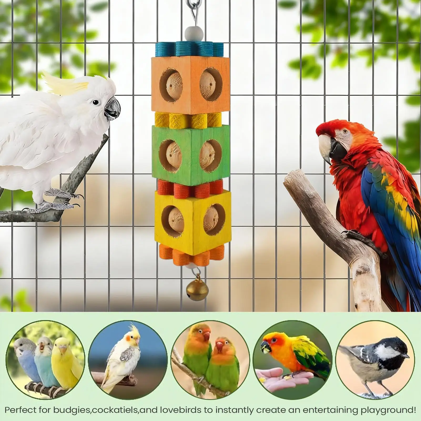 

Игрушки для жевания птиц, подвесные деревянные блоки, шлифовальные игры, маленькие игрушки для птиц с колокольчиком для кореллы, домашняя клетка для конуры, домашний питомец