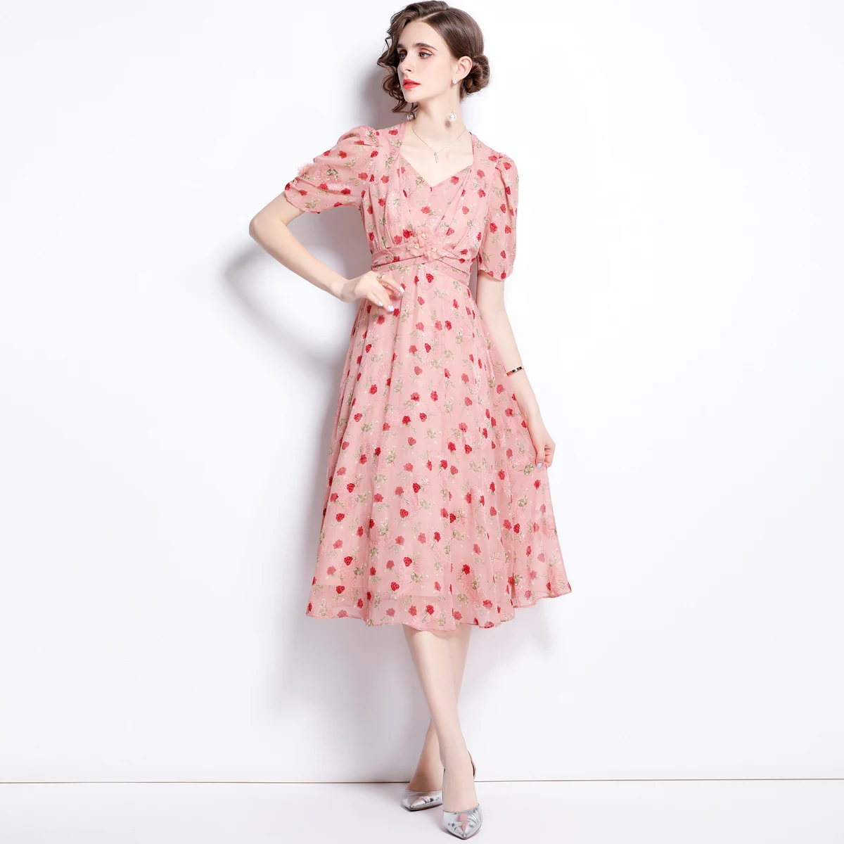 Vestido longo com manga curta e decote em V, estilo retro, estilo francês, design floral, design de flores, emagrecimento, hl8866068