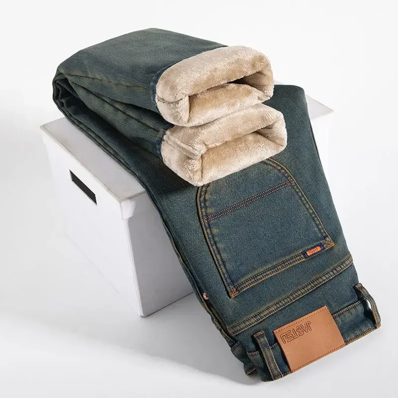 Winter New Fleece-lined Thickened Men's Jeans Cold-Resistant Stretch FleeceSlim Fit Straight All-Matching Antifreeze WarmPlush