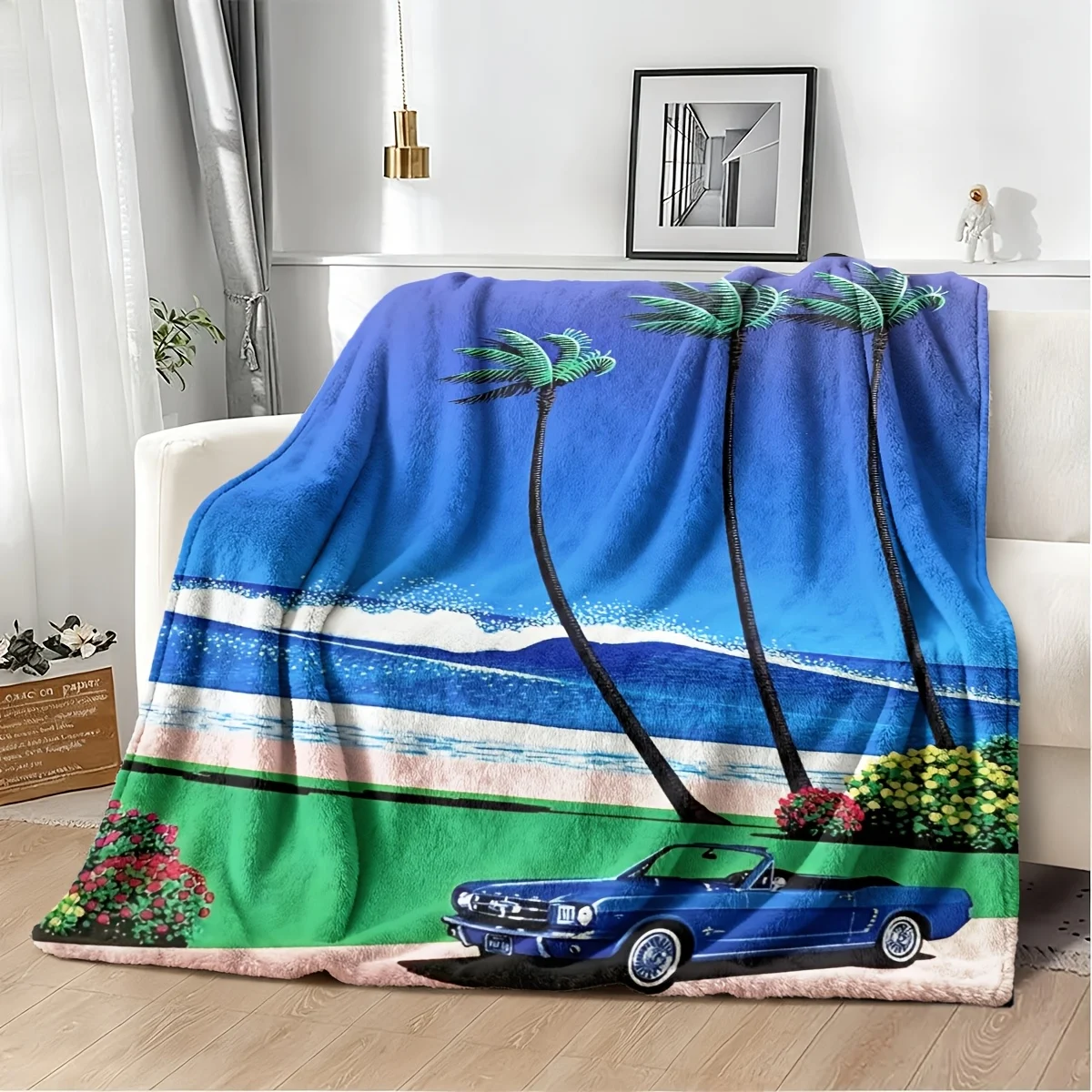 Luxurious Retro Tropical Beach Blanket Throw Palm Tree Ocean Coastal Decor 150x230cm Oversized Summer Fleece Blanket for Sofa