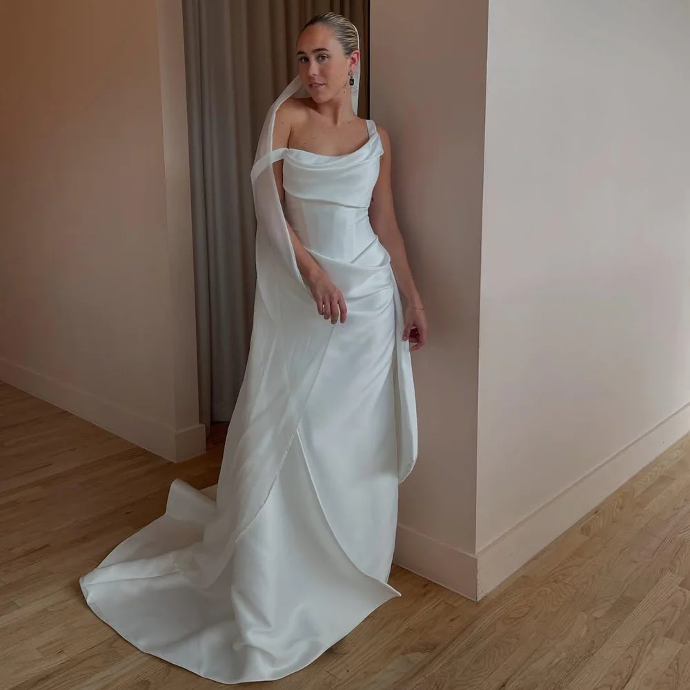 Maßgeschneiderte formelle Meerjungfrauen-Brautkleider ärmellos mit abnehmbarer Schleppe aus Satin, weiße Hochzeitsballkleider