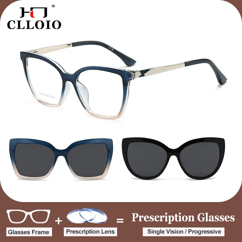 

CLLOIO Fashion Cat Eye 3-in-1 Magnetic Clip Myopia Sunglasses Women Outdoor Driving Protection Progressive Prescription Glasses