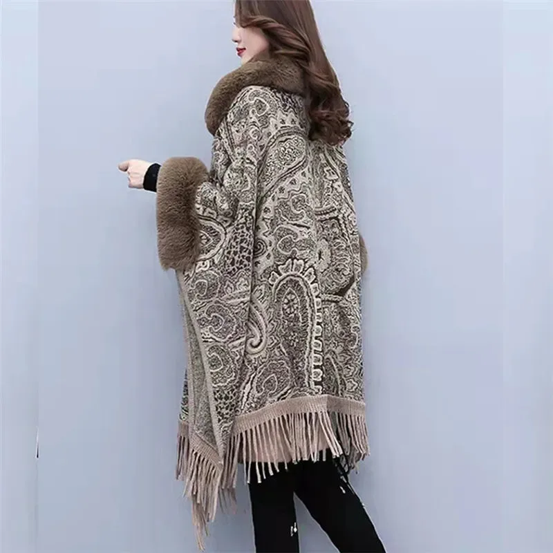 Wool Coat Women Autumn Winter Fur Poncho Capes New Warm Women Cloak Big Fur Color Loose Tassel Capes Ladies Cloak Cardigan Coat