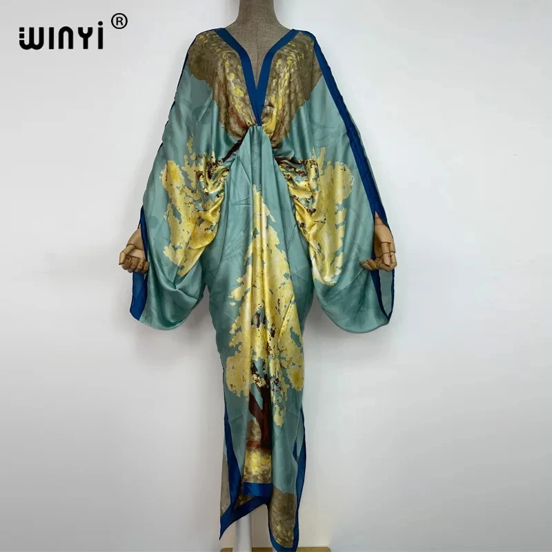 WINYI New Fashion Bohemian Deep V-neck Floral europea For Lady Free Size Loose Batwing Holiday Beach cover up Party Kaftan Dress