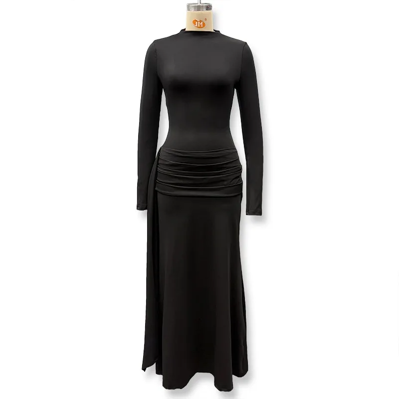 Patchwork Gerafftes Bandkleid für Damen Sexy Rollkragen Elegantes Hochgeschnittenes Abendkleid mit Langen Ärmeln – Detail 6