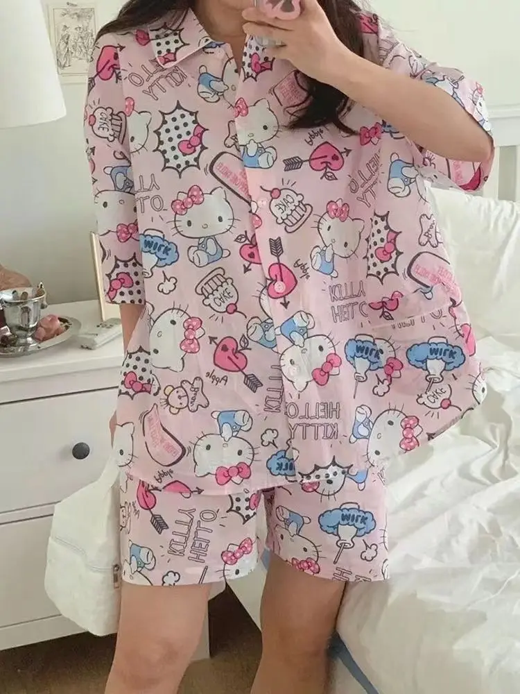 Sanrio Hello Kitty Woman Pajamas Kuromi My Melody Cinnamoroll Summer Lady Short Sleeve Suit Cute Cartoon Home Clothes Nightdress