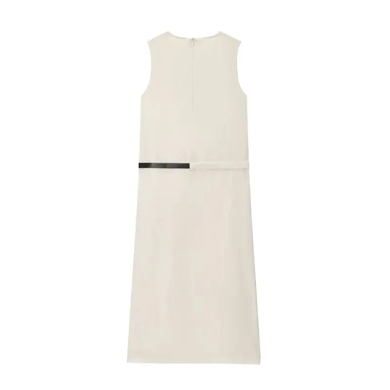 

Elegant Women's Solid Color round Neck Sleeveless Long Dress with Zipper Belt Casual Fashion Retro Holiday Dress for Autumn 2025
