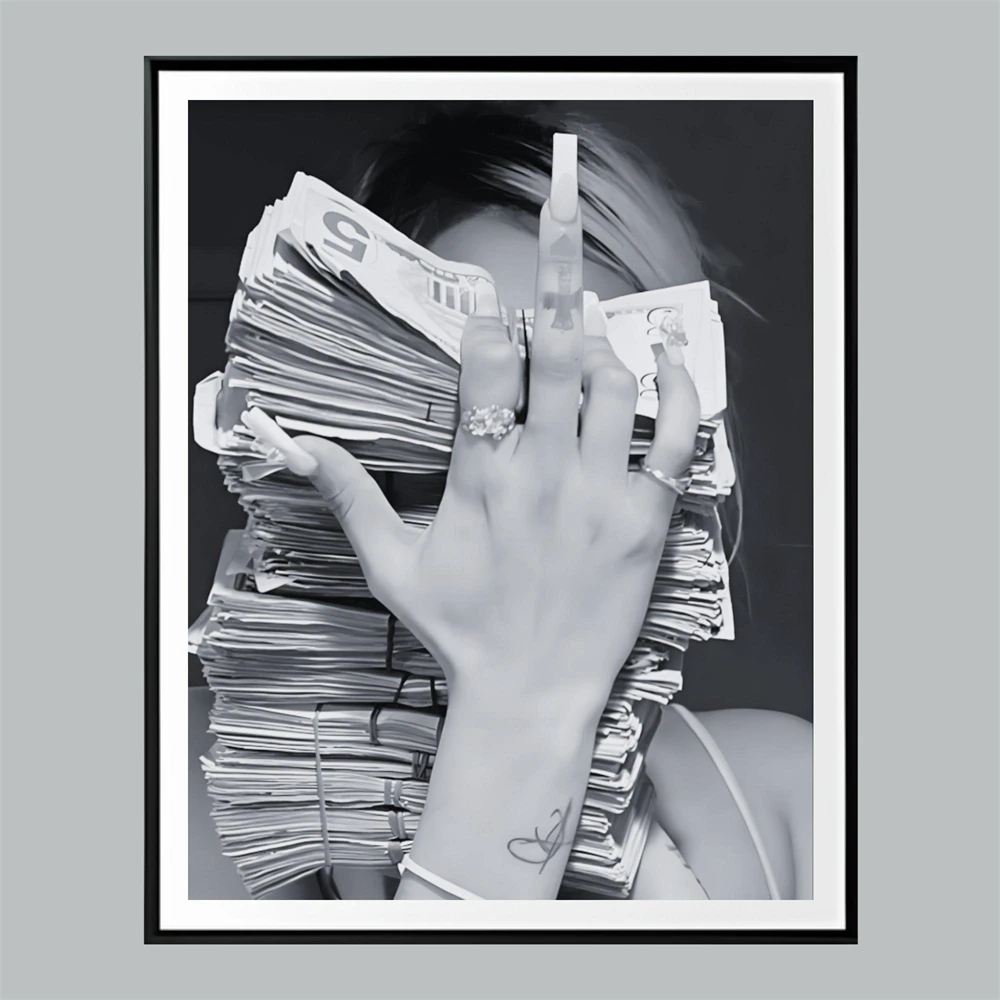 Stylish Elegant Woman with Money Hairstyle Poster Stylish Black and White Fashion Money Wall Art Print Cash Art Decor Canvas