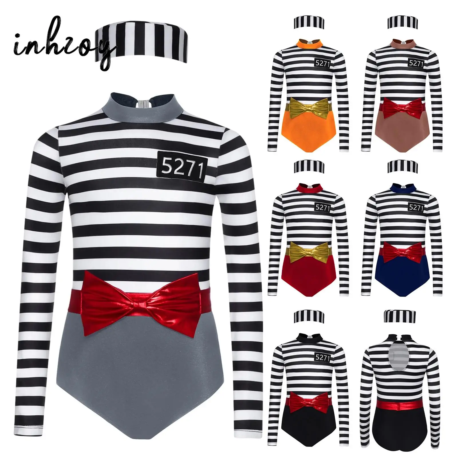 

Костюм заключенного для девочек, полосатое боди для заключенного на Хэллоуин со шляпой - комбинезон для ролевых игр для детской вечеринки