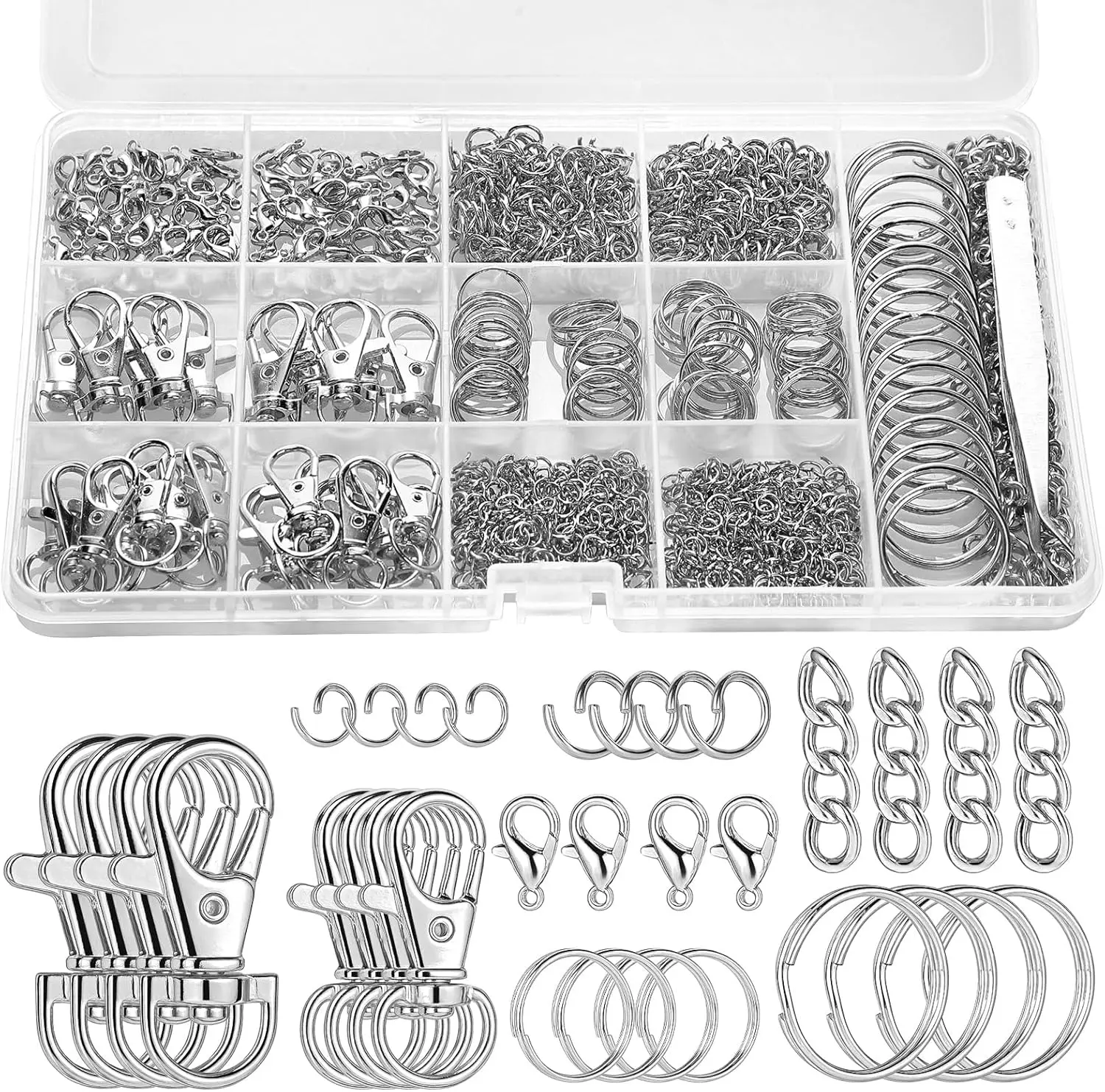 

1130 Piece Keychain Craft Kit with Jump Rings Lobster Clasps Snap Hooks Extender Chains in Silver for DIY Jewelry Projects