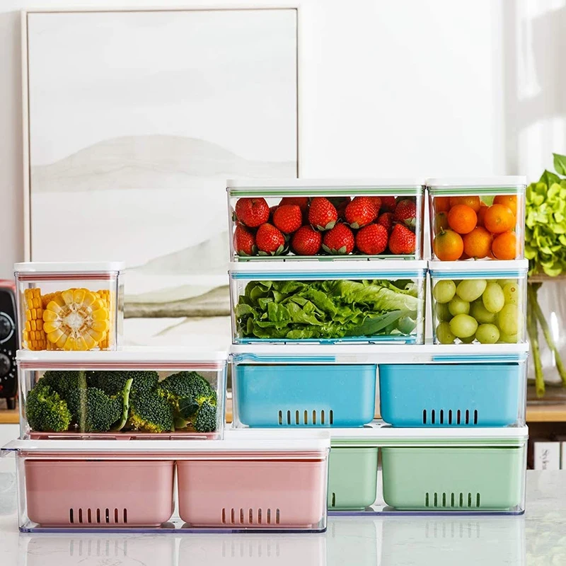 Stackable Produce Saver, Organizer Bins/Storage Containers With Removable Drain Tray, Set Of 3, For Cabinets