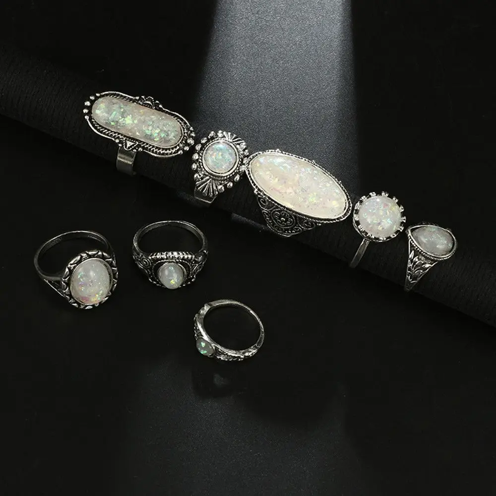 8 Pcs/set New Fashion Transparent White Opal Stone Carving Bohemian Jewelry Women Ring Sets Vintage Inset Joint Ring