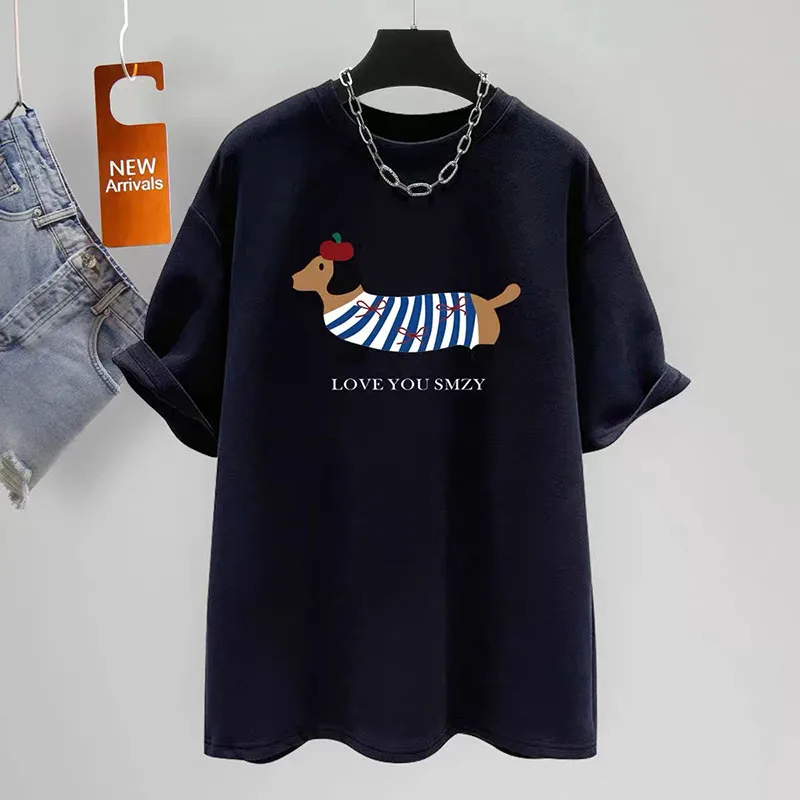 Women\'s Clothing Fashion Puppy Print Cotton T-shirt Summer Elegant Chic Basic Short Sleeve Top Tee Office Lady Loose Pullovers
