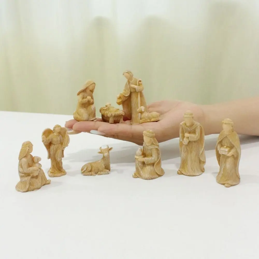 

10Pcs/set Cartoon Resin Crafts Horse Trough Resin Ornament Carving 3D Religious Nativity Figure Miniature Church Statue Bedroom